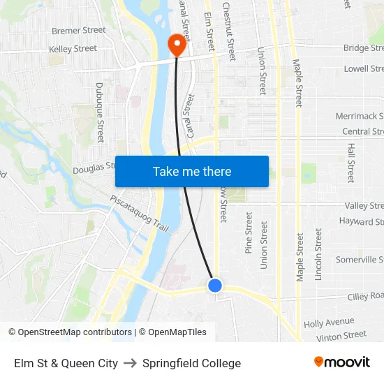 Elm St & Queen City to Springfield College map