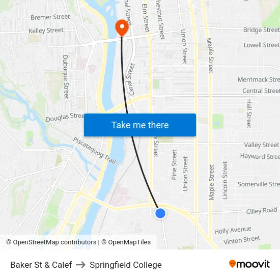 Baker St & Calef to Springfield College map