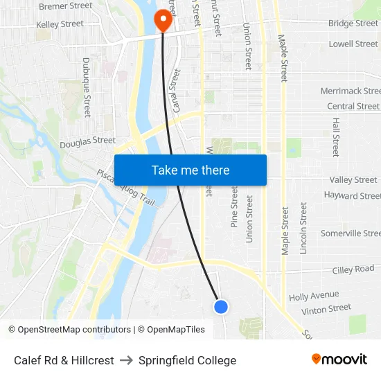 Calef Rd & Hillcrest to Springfield College map
