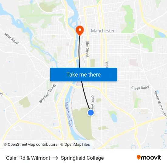 Calef Rd & Wilmont to Springfield College map