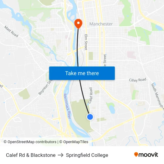 Calef Rd & Blackstone to Springfield College map
