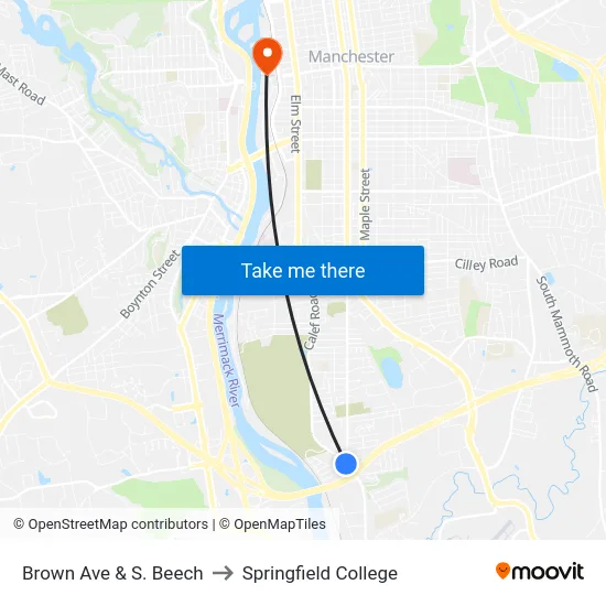 Brown Ave & S. Beech to Springfield College map