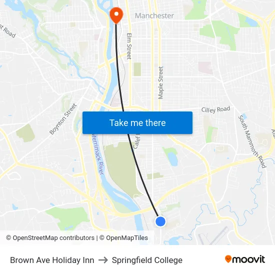 Brown Ave Holiday Inn to Springfield College map