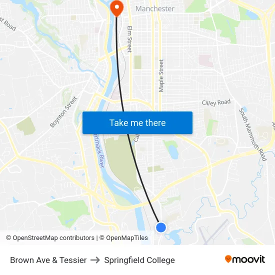 Brown Ave & Tessier to Springfield College map