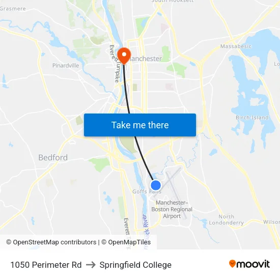 1050 Perimeter Rd to Springfield College map