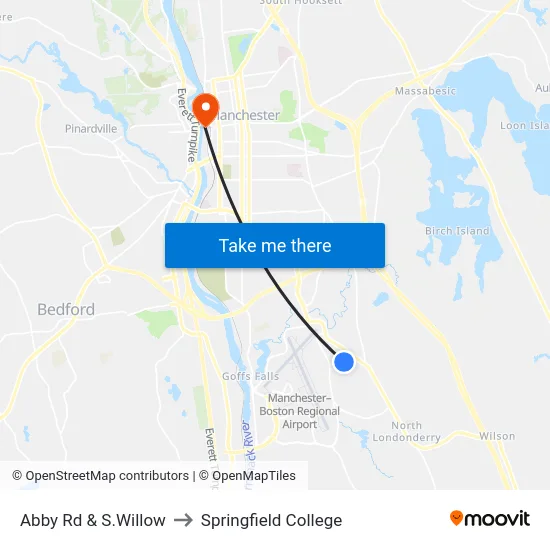 Abby Rd & S.Willow to Springfield College map