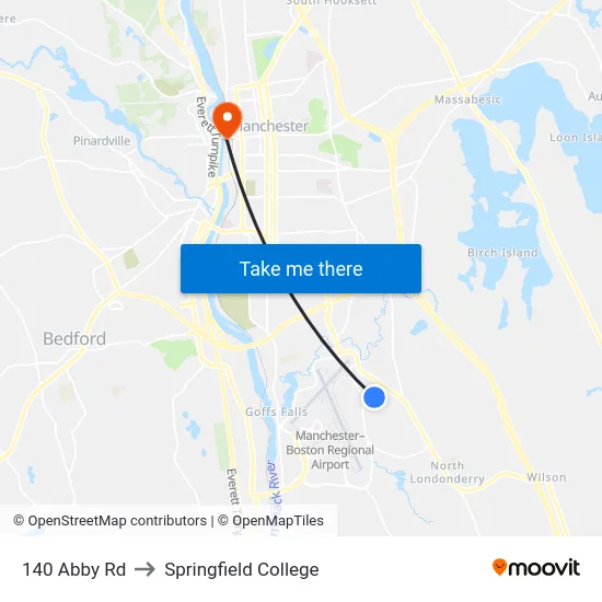 140 Abby Rd to Springfield College map