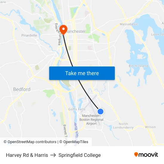 Harvey Rd & Harris to Springfield College map