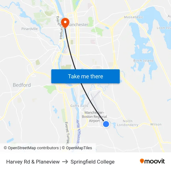 Harvey Rd & Planeview to Springfield College map