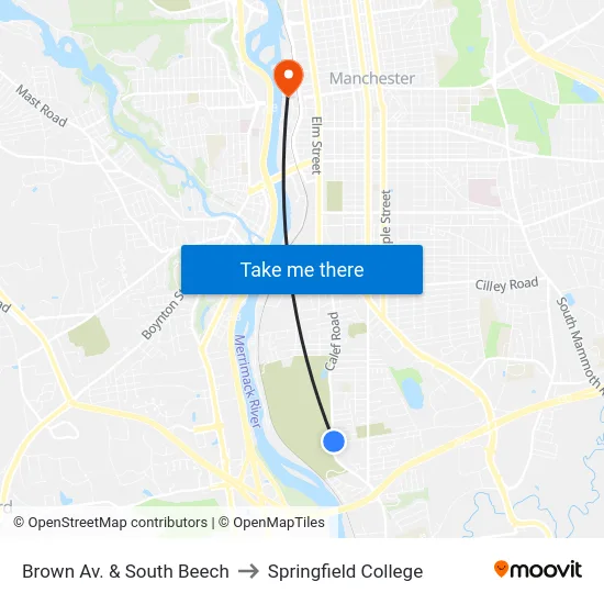 Brown Av. & South Beech to Springfield College map