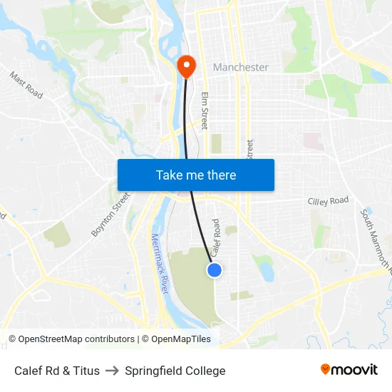 Calef Rd & Titus to Springfield College map