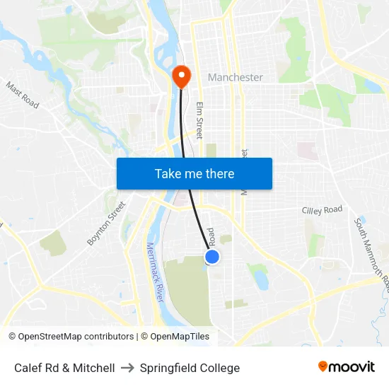 Calef Rd & Mitchell to Springfield College map