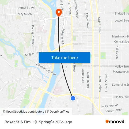 Baker St & Elm to Springfield College map
