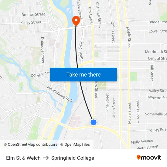 Elm St & Welch to Springfield College map