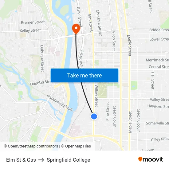 Elm St & Gas to Springfield College map