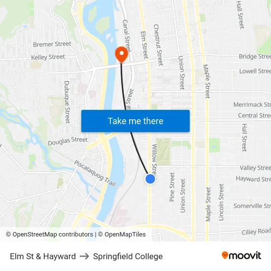 Elm St & Hayward to Springfield College map