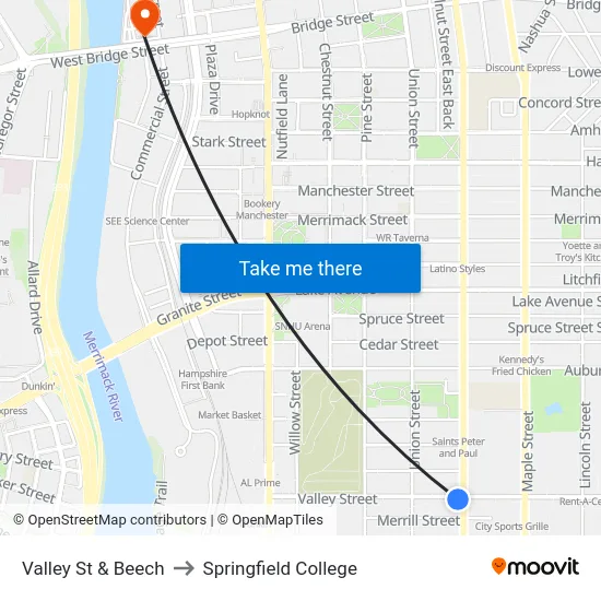 Valley St & Beech to Springfield College map