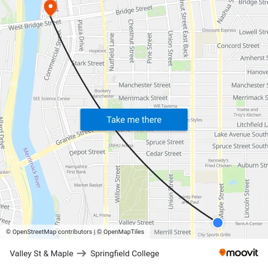 Valley St & Maple to Springfield College map