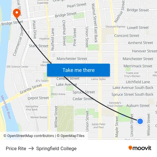 Price Rite to Springfield College map
