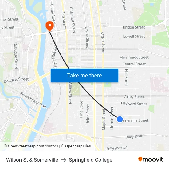 Wilson St & Somerville to Springfield College map