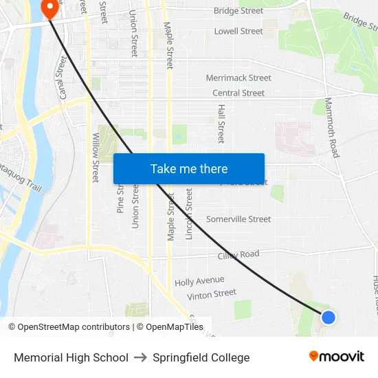 Memorial High School to Springfield College map