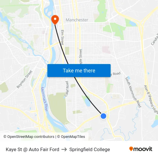 Kaye St @ Auto Fair Ford to Springfield College map