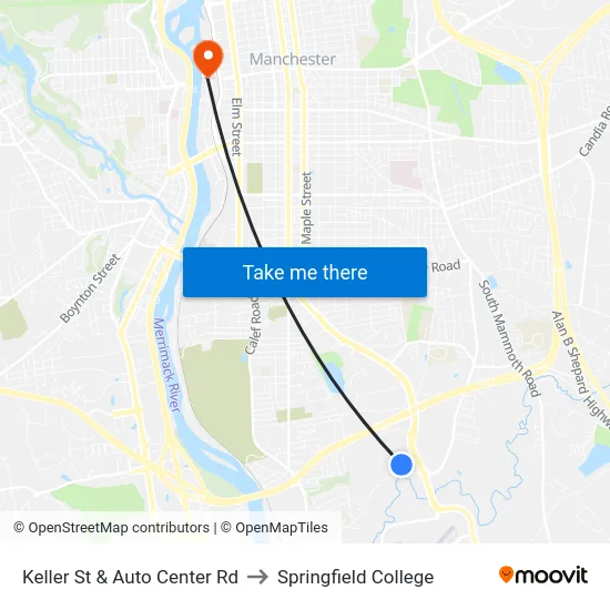 Keller St & Auto Center Rd to Springfield College map