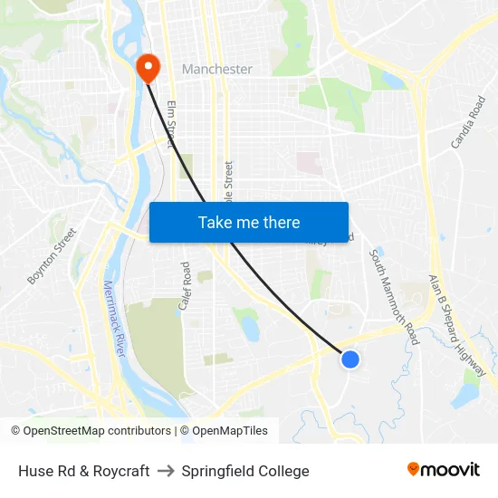 Huse Rd & Roycraft to Springfield College map