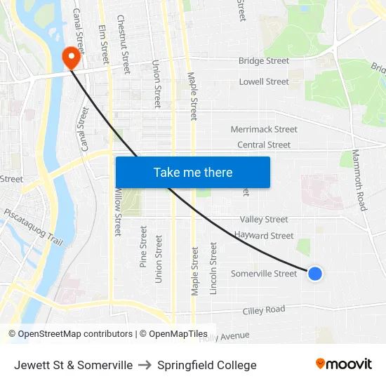 Jewett St & Somerville to Springfield College map