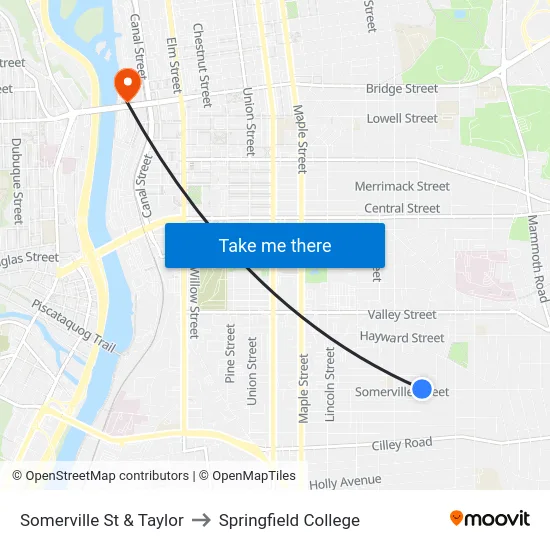 Somerville St & Taylor to Springfield College map