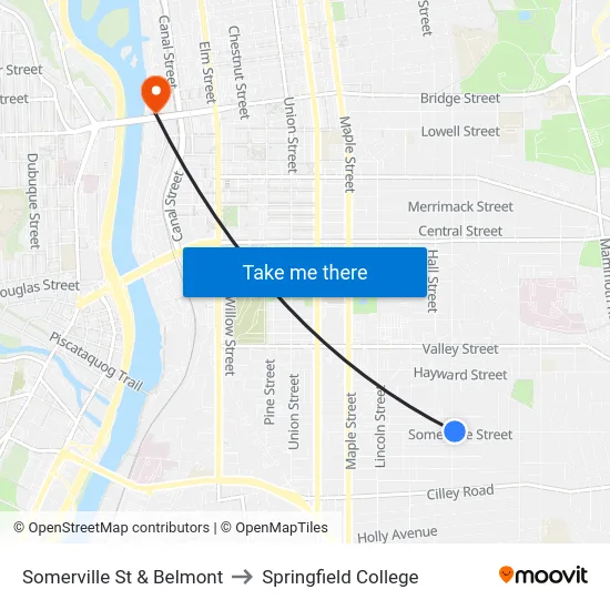 Somerville St & Belmont to Springfield College map