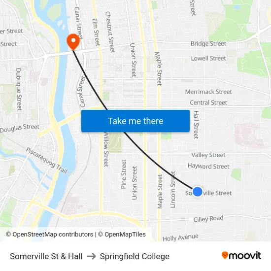 Somerville St & Hall to Springfield College map