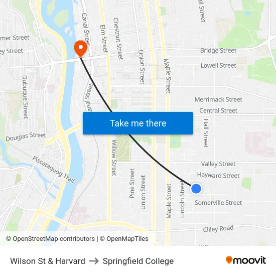 Wilson St & Harvard to Springfield College map