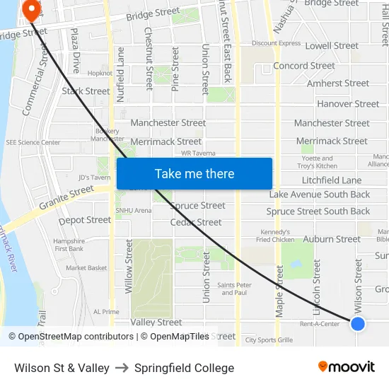 Wilson St & Valley to Springfield College map