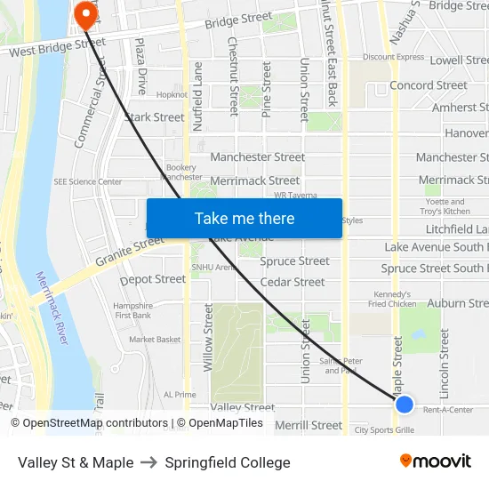 Valley St & Maple to Springfield College map