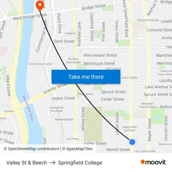Valley St & Beech to Springfield College map