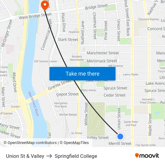 Union St & Valley to Springfield College map