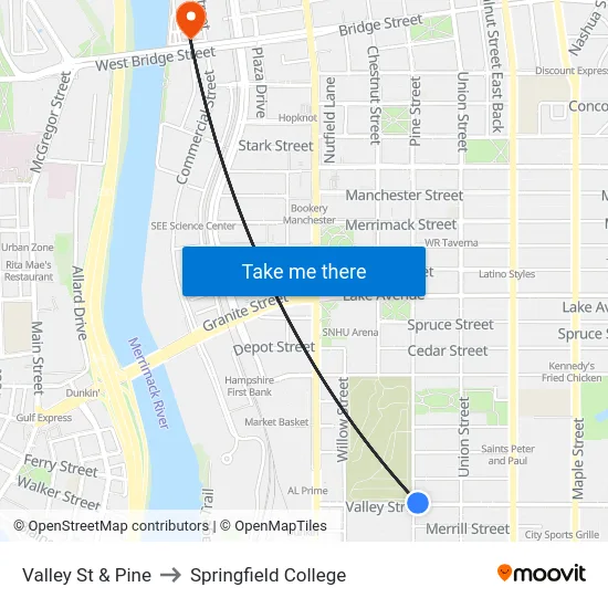 Valley St & Pine to Springfield College map