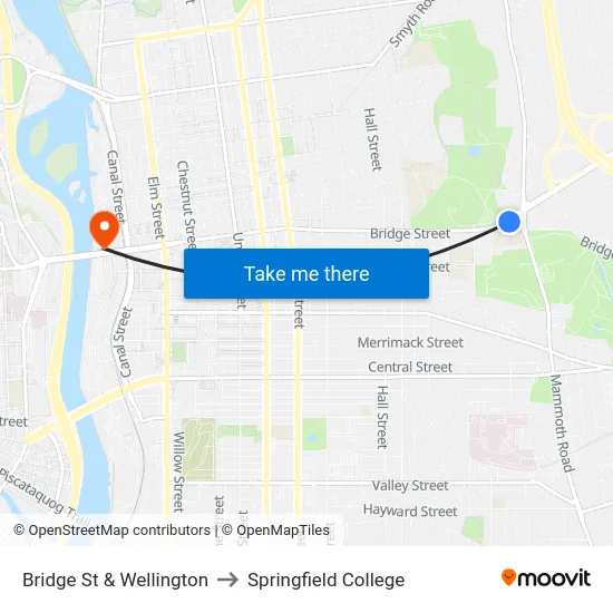 Bridge St & Wellington to Springfield College map