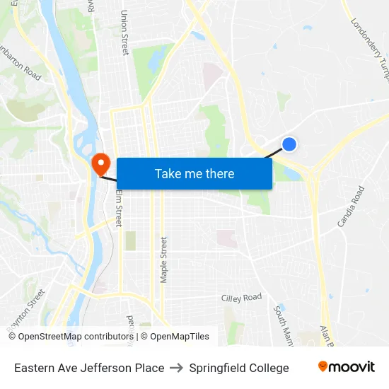 Eastern Ave  Jefferson Place to Springfield College map