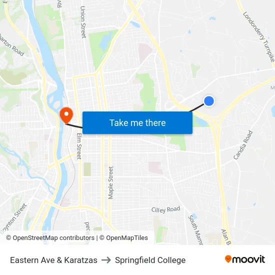 Eastern Ave & Karatzas to Springfield College map