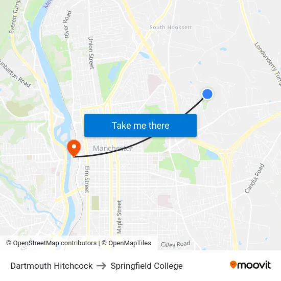Dartmouth Hitchcock to Springfield College map