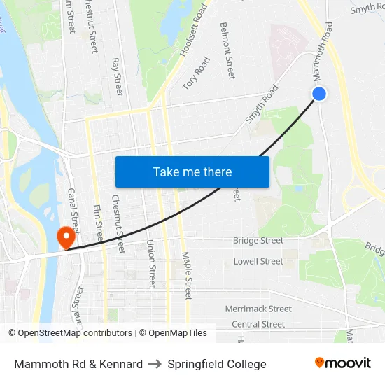 Mammoth Rd & Kennard to Springfield College map