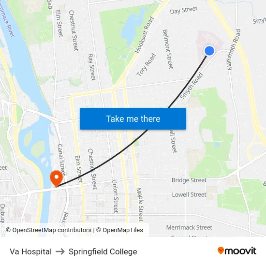 Va Hospital to Springfield College map