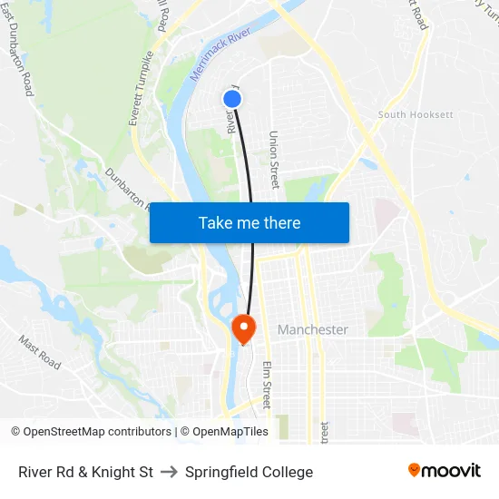 River Rd & Knight St to Springfield College map