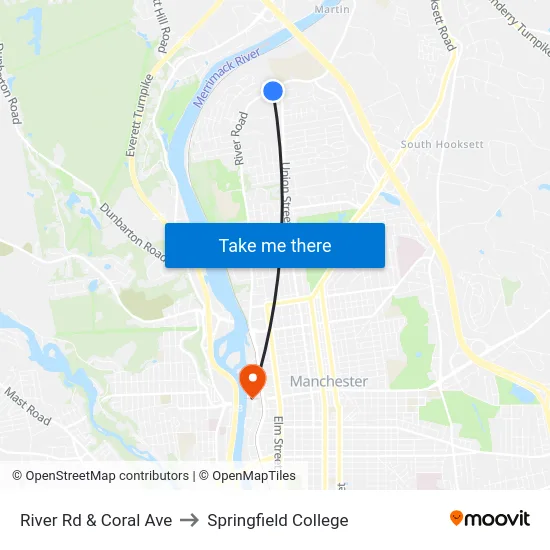 River Rd & Coral Ave to Springfield College map