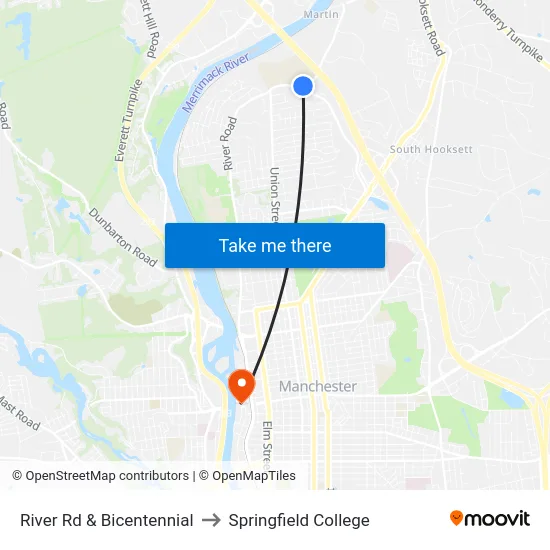River Rd & Bicentennial to Springfield College map