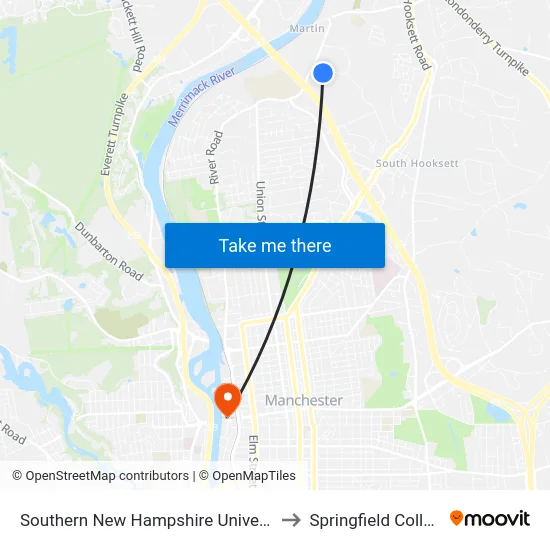 Southern New Hampshire University to Springfield College map