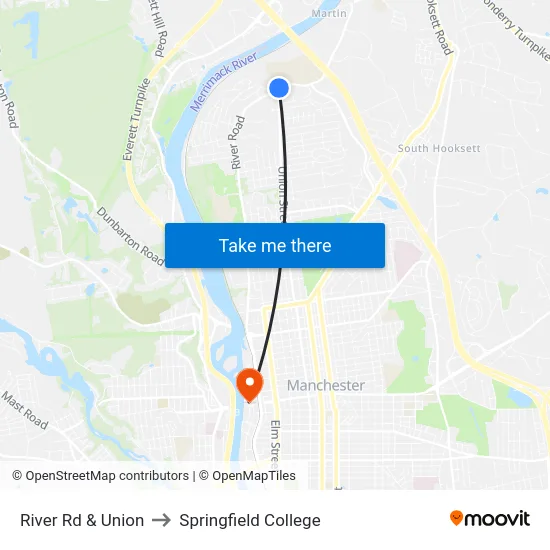 River Rd & Union to Springfield College map