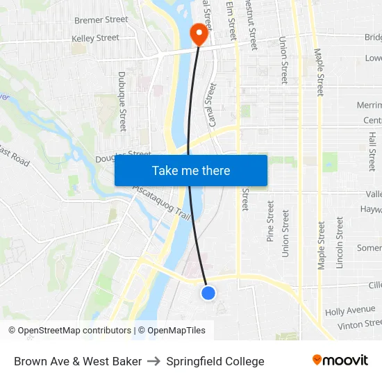 Brown Ave & West Baker to Springfield College map